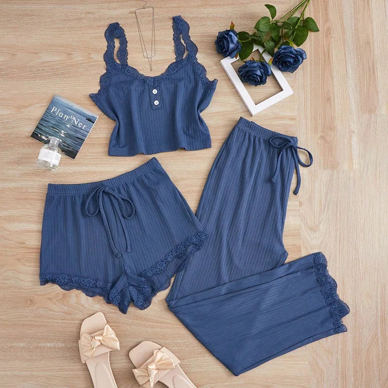 Women's Lace Trim Cami Three Piece Pajama Set with Shorts and Pants