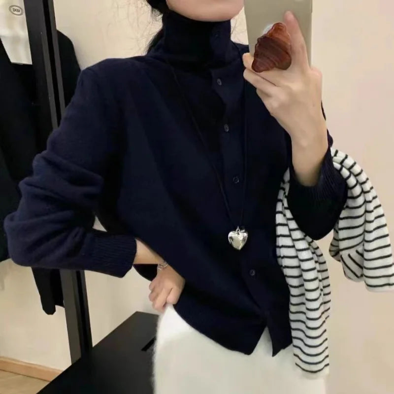French-style high-neck 100 pure cashmere knitted cardigan for women's autumn and winter loose sweater with wool base coat