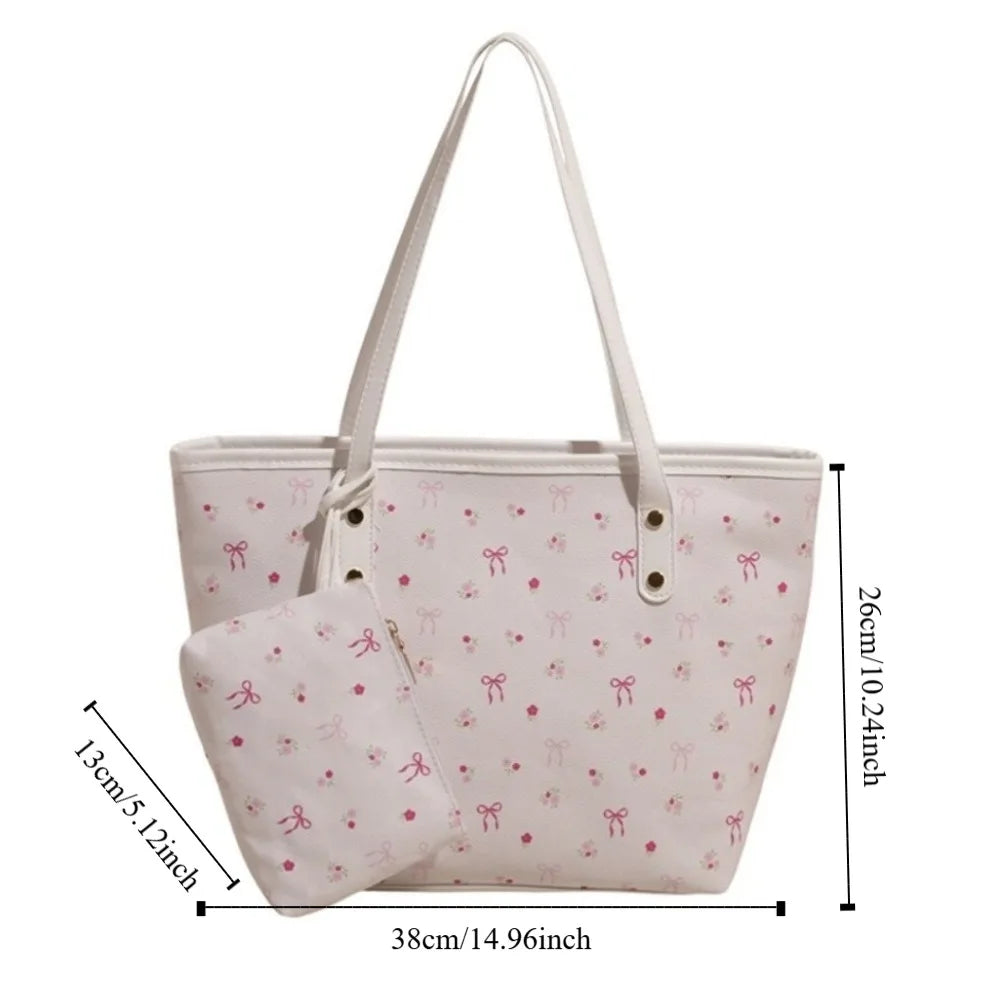 Women's Bow Print Tote Bag with Long Handles and Zipper Closure