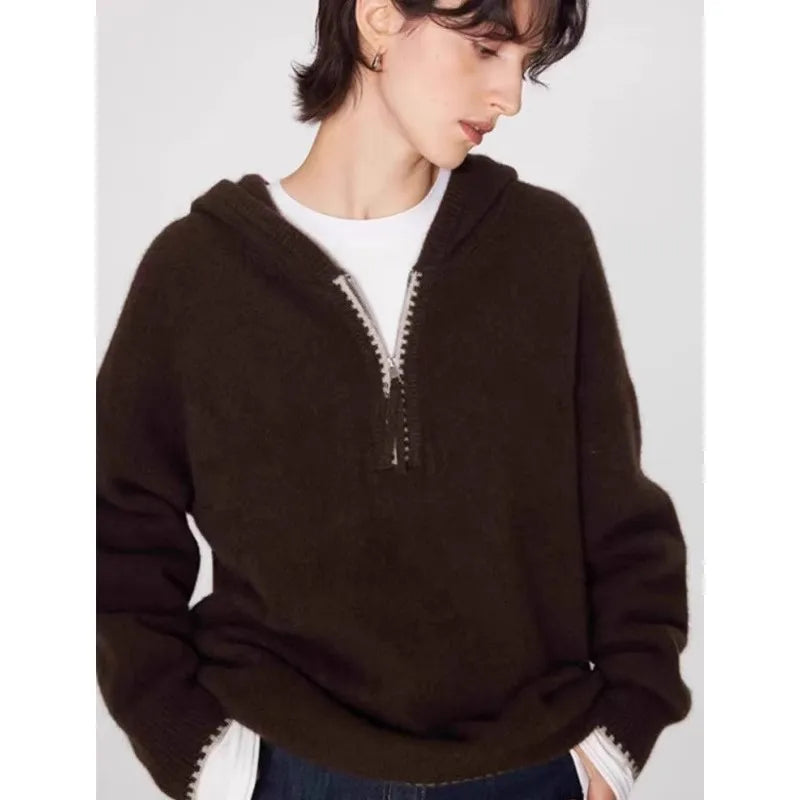 High-end half-zipper hooded 100% cashmere knitted sweater women loose and thick sweater base hoodie top