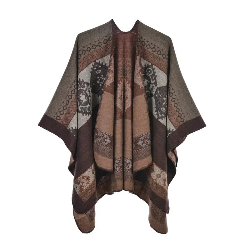 Patterned Fringed Open Front Poncho for Layering over Outfits