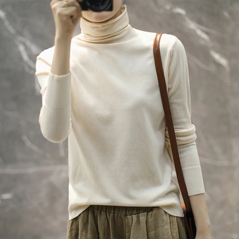 Women's Fitted Roll Neck Long Sleeve Sweater Casual Knit Layer
