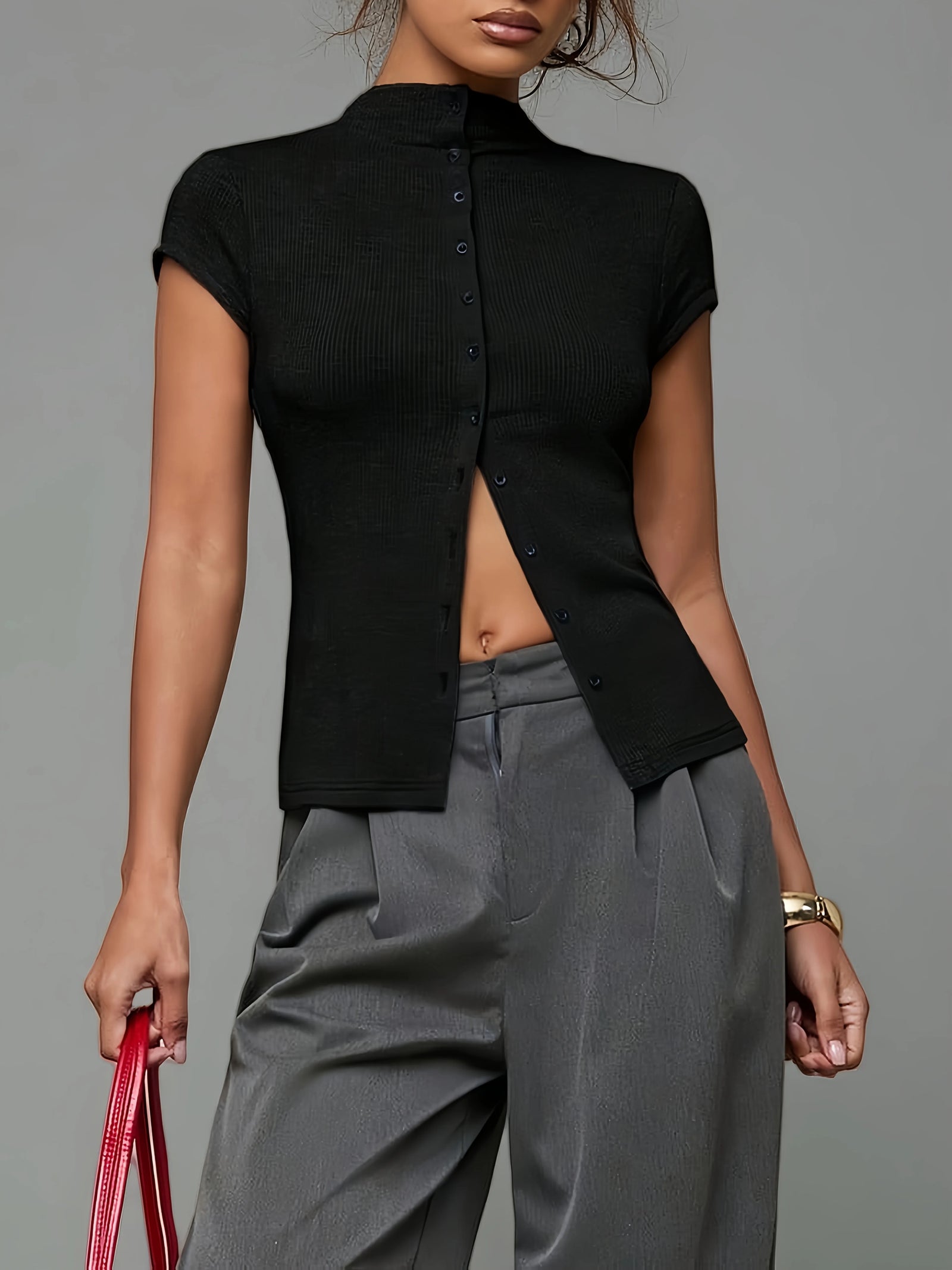 Women's Short Sleeve High Collar Button Front Cardigan