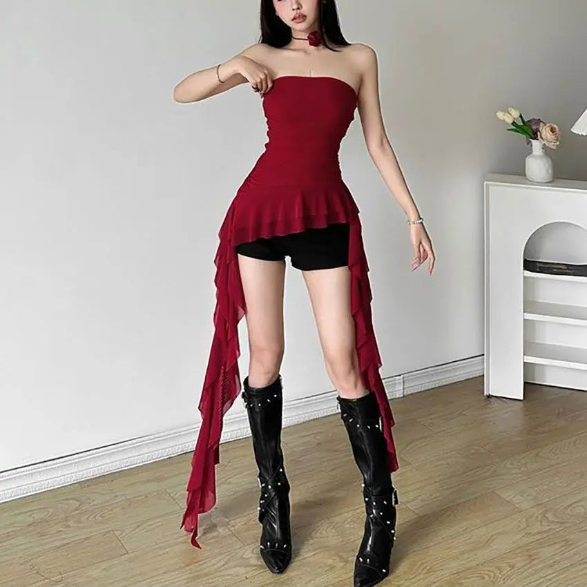 Women's Strapless Crop Top with a Cropped Length and Fringe Hem