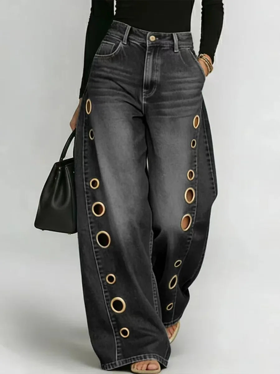 Women's Side Grommet Wide Leg Denim Jeans For Everyday Outfits