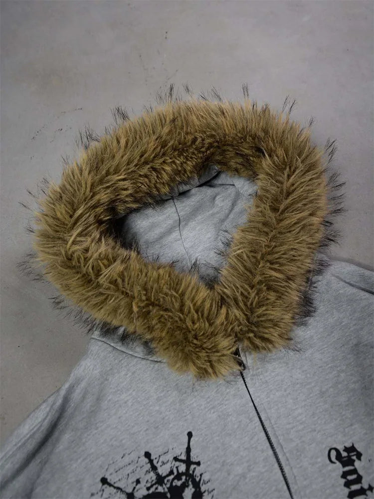 Fluffy Trim Long Sleeve Full Zip Casual Hoodie