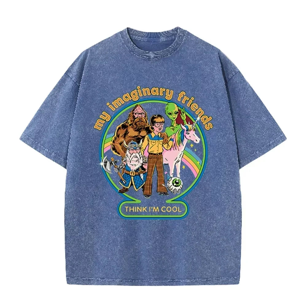 Brown Acid Wash Imaginary Friends Graphic Casual Retro Streetwear Tee