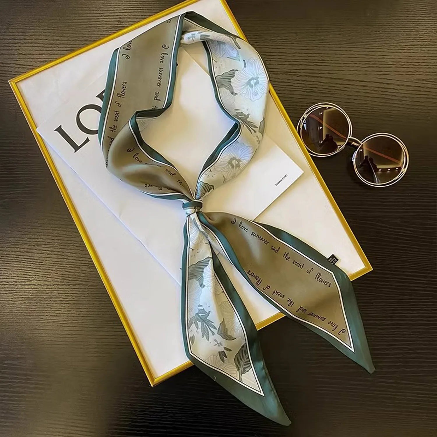 Printed Narrow Long Scarf with Pointed Ribbon Ends