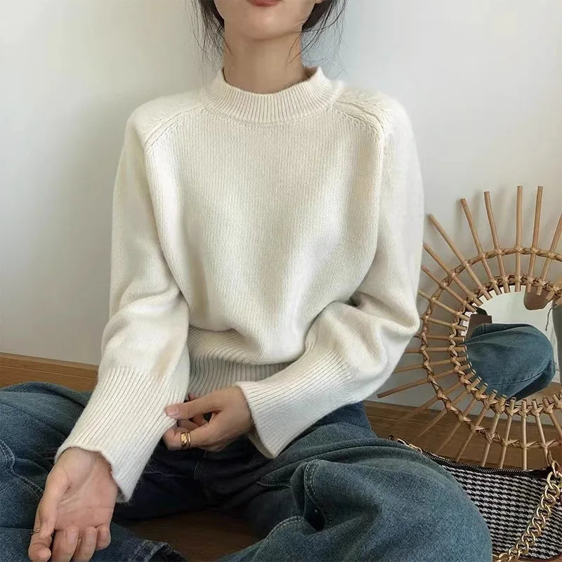 Pure wool retro sweater crewneck pullover short knitwear women's top trend