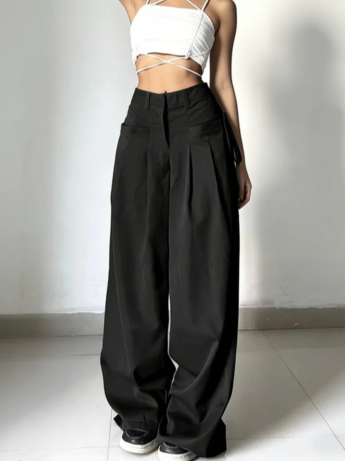 Women's Black Wide Leg Pants with Pleats and Side Waist Ties