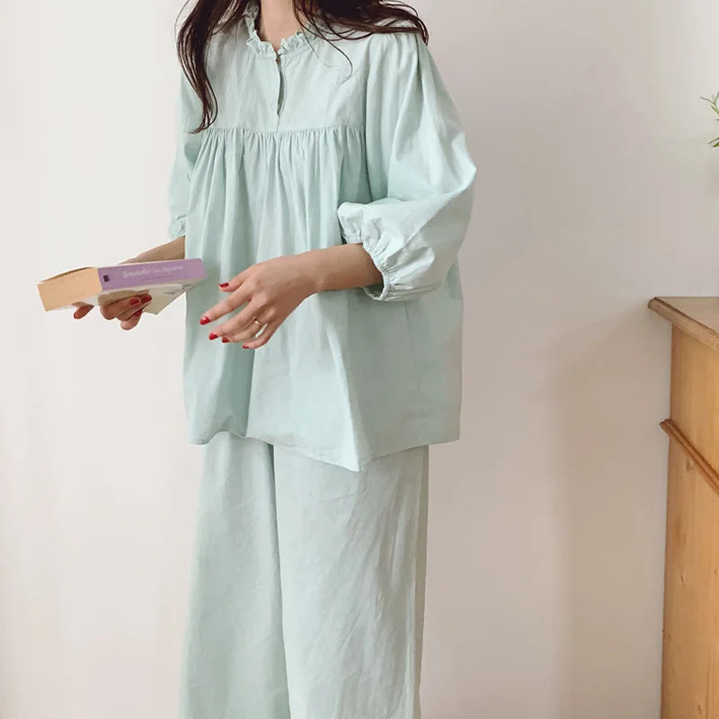 Women's Cotton Two-Piece Set with Ruffled Three-Quarter-Sleeve Top and Elastic-Waist Wide-Leg Pants