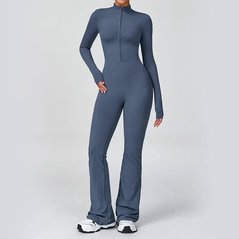 Women's Long Sleeve Nylon Blend Flared Workout Jumpsuit with Front Zipper