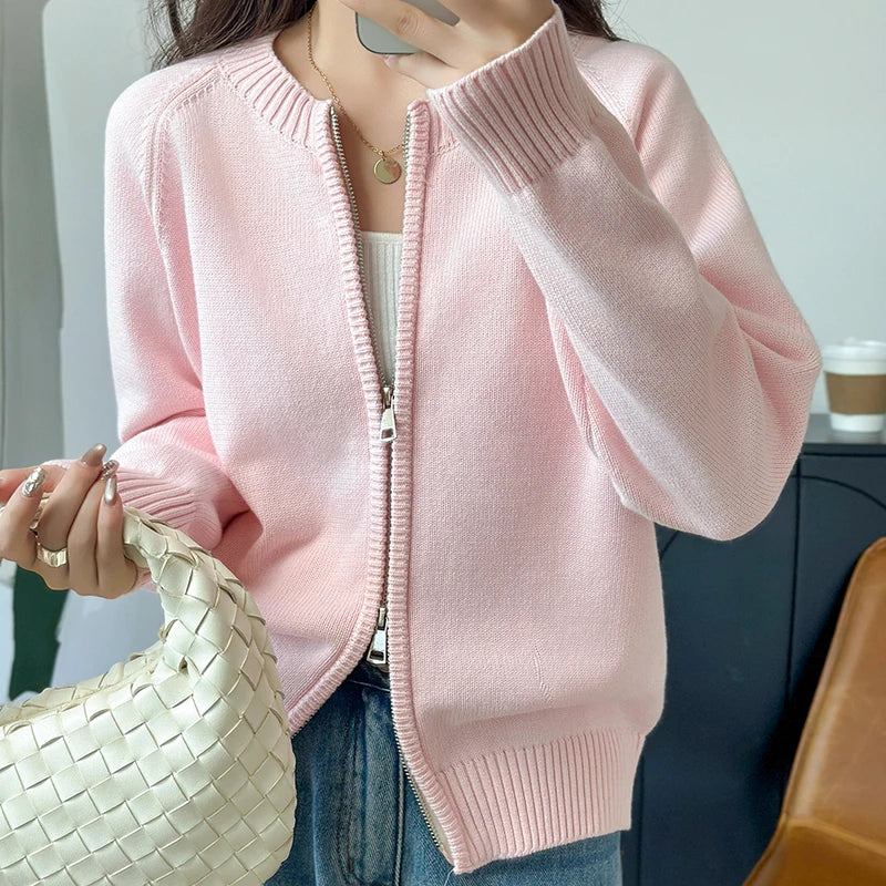 Women's Crew Neck Full Zip Cardigan Casual Knit Layer