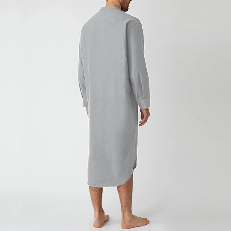 Men's Solid Stand Collar Long Sleeve Button Front Sleep Nightdress