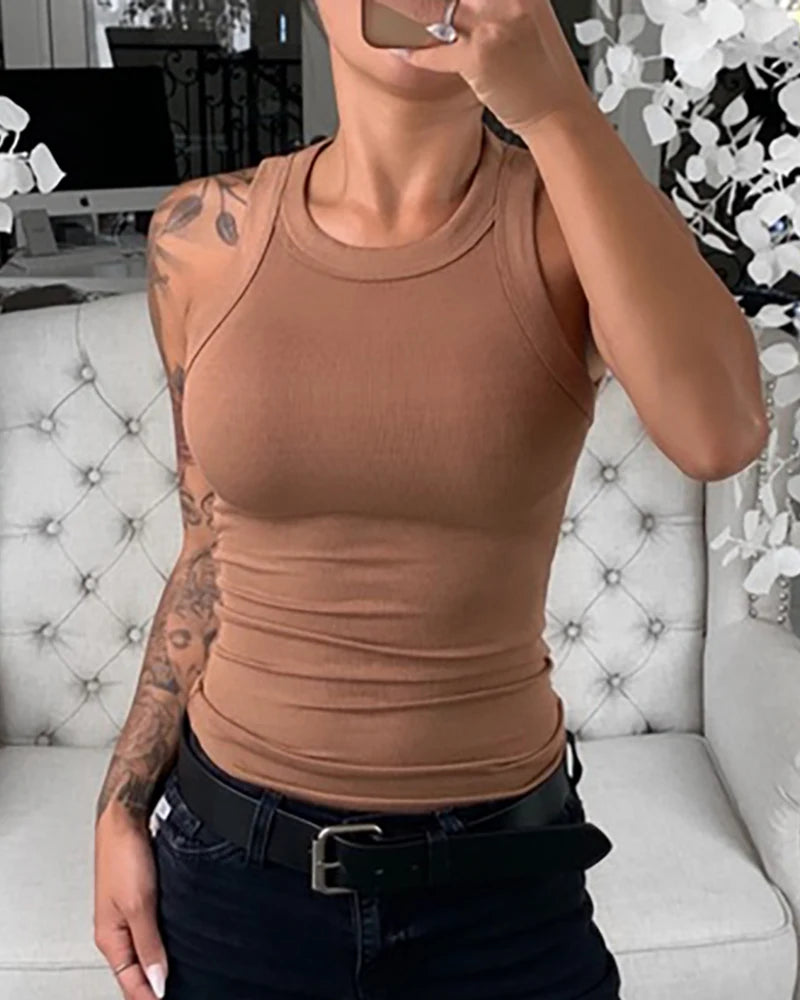 Women's Round Neck Cotton Blend Ribbed Tank Top with Sleeveless Cut