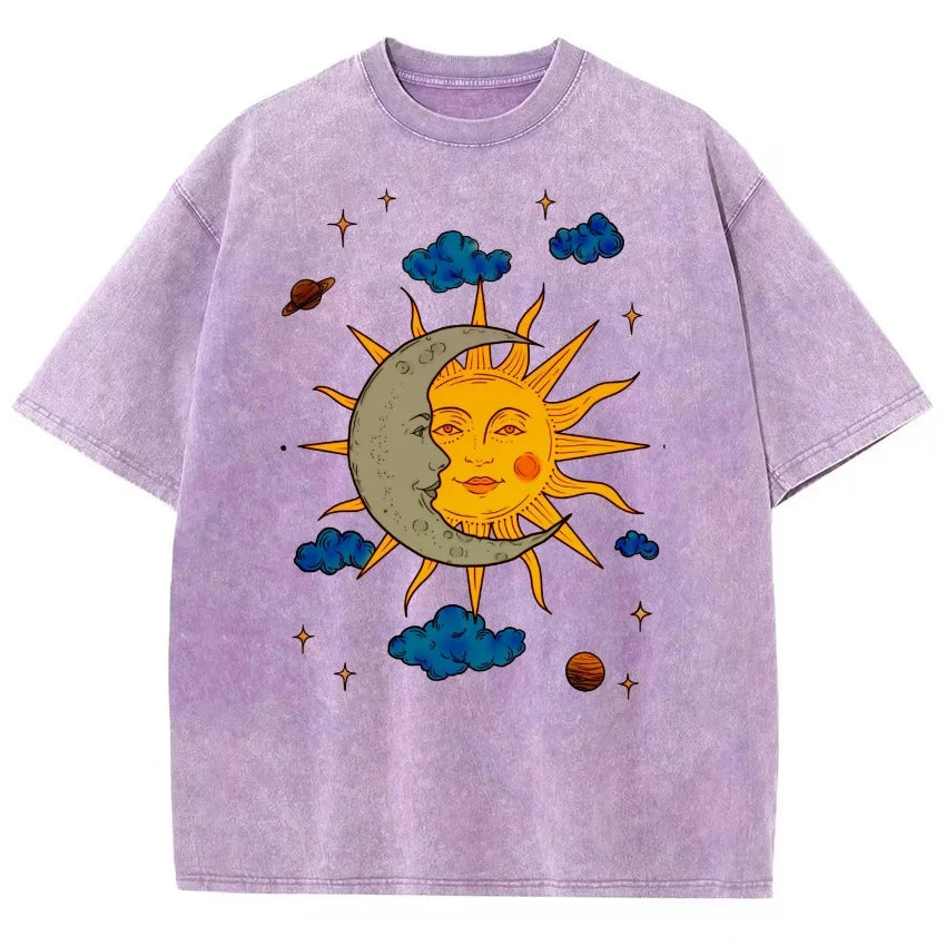 Men's Moon and Sun Printed T-shirt Oversized Short Sleeved Retro Washed Shirt Summer Top
