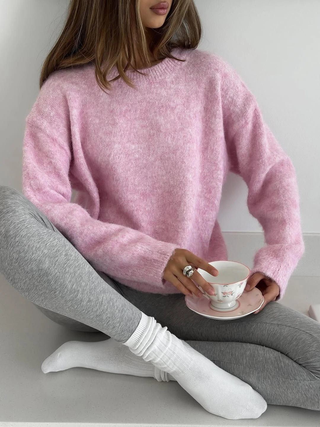 Women's Loose Fluffy Crew Neck Sweater Casual Knit Layer