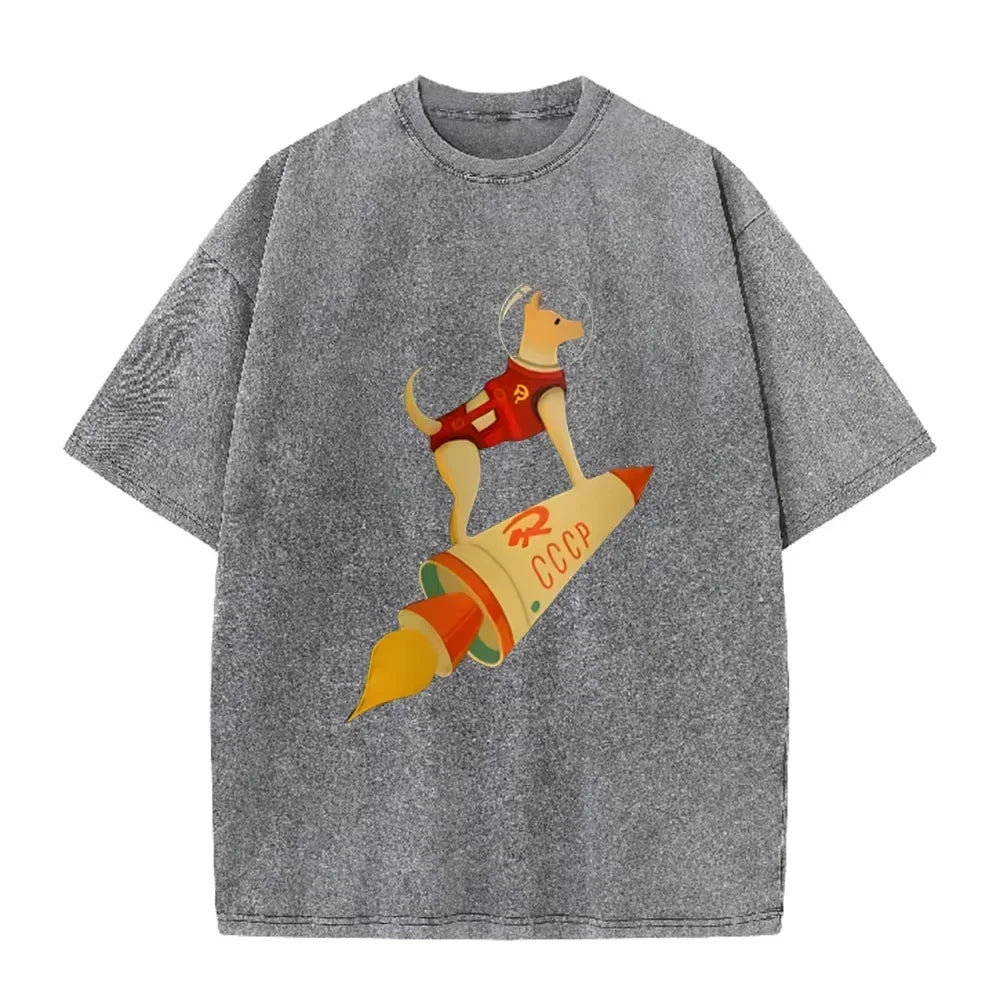 Vintage Washed Gray Tshirt CCCP Laika Space Dog Rocket Cartoon Print Loose Short Sleeve Retro Soviet Casual Tee