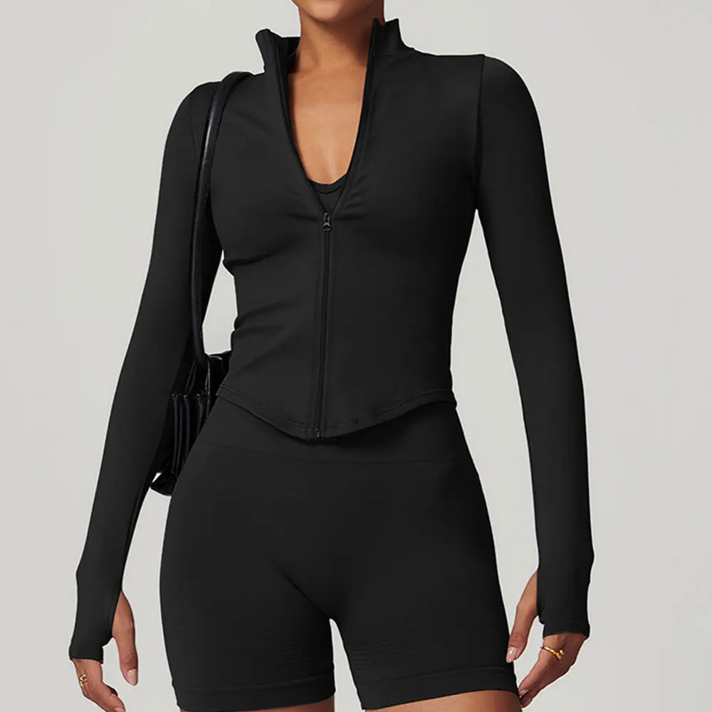 Women's Cropped Stand Collar Zip Front Jacket For Workout Outfits