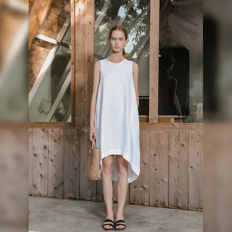 Women's Linen Sleeveless Loose A-Line Dress with Round Neck and Asymmetric Hem