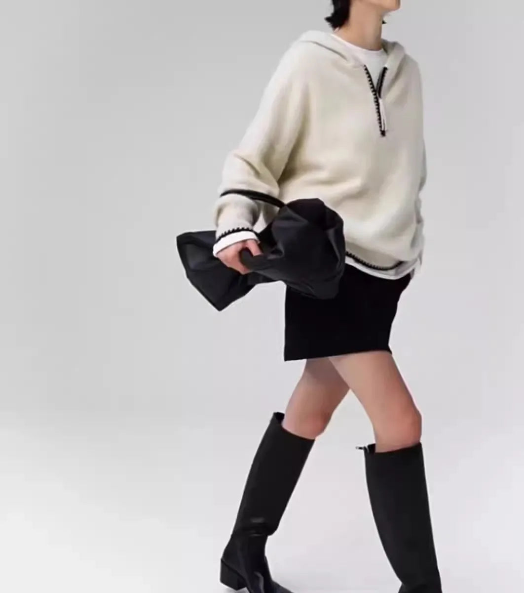 High-end half-zipper hooded 100% cashmere knitted sweater women loose and thick sweater base hoodie top