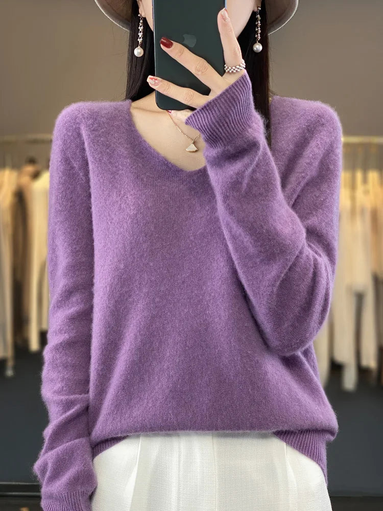 Women's V Neck Long Sleeve Sweater Casual Knit Layer