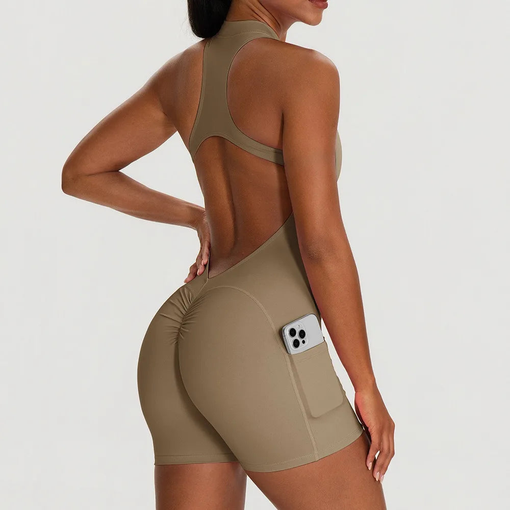Women's Halter Neck Nylon Blend Workout Romper with Front Zip