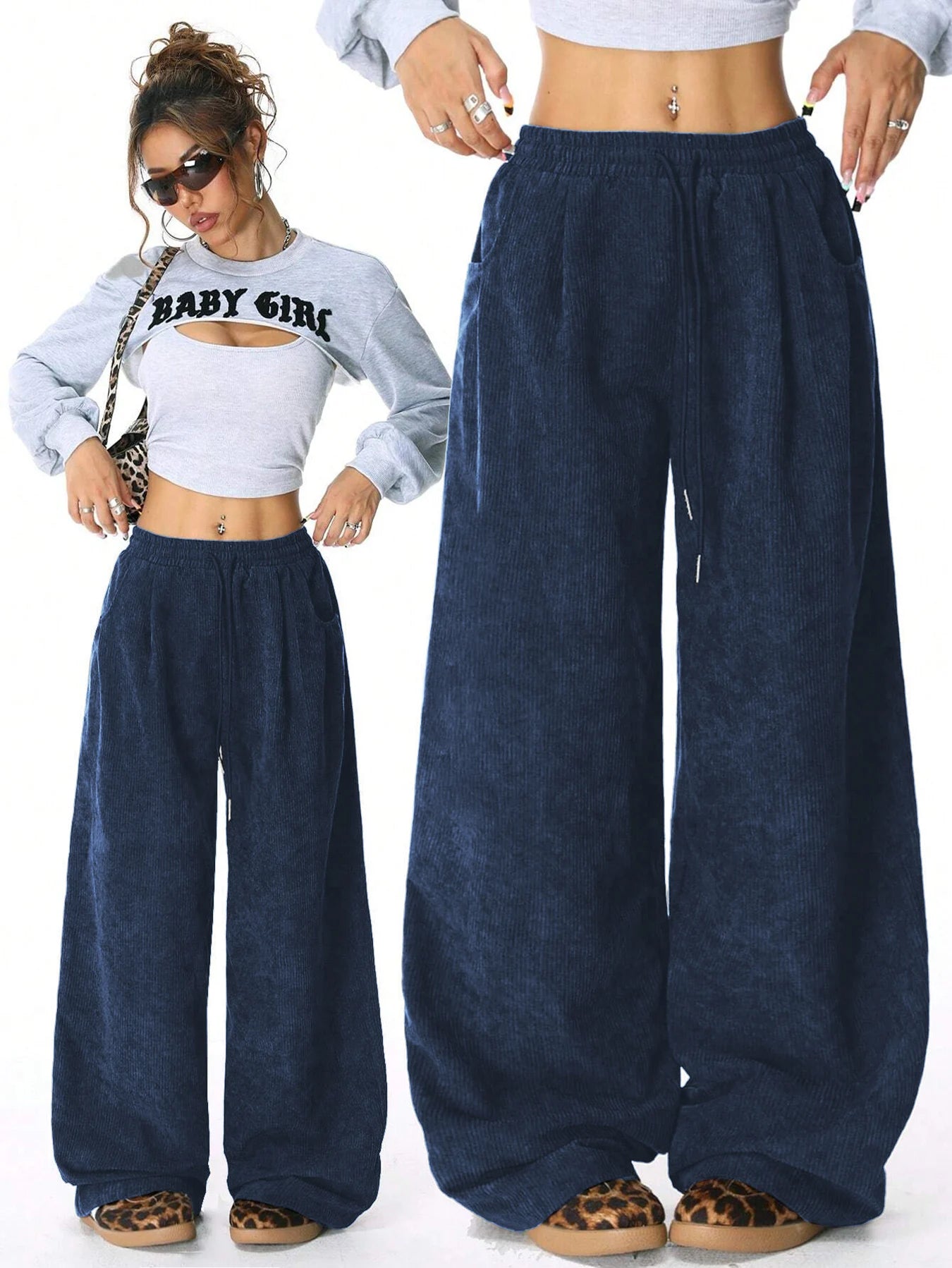 Women's Corduroy Style Drawstring Pants with Wide Legs and Pockets