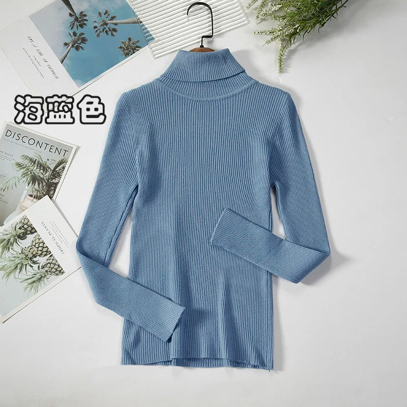 Women's Ribbed Roll Neck Long Sleeve Sweater Casual Knit Layer