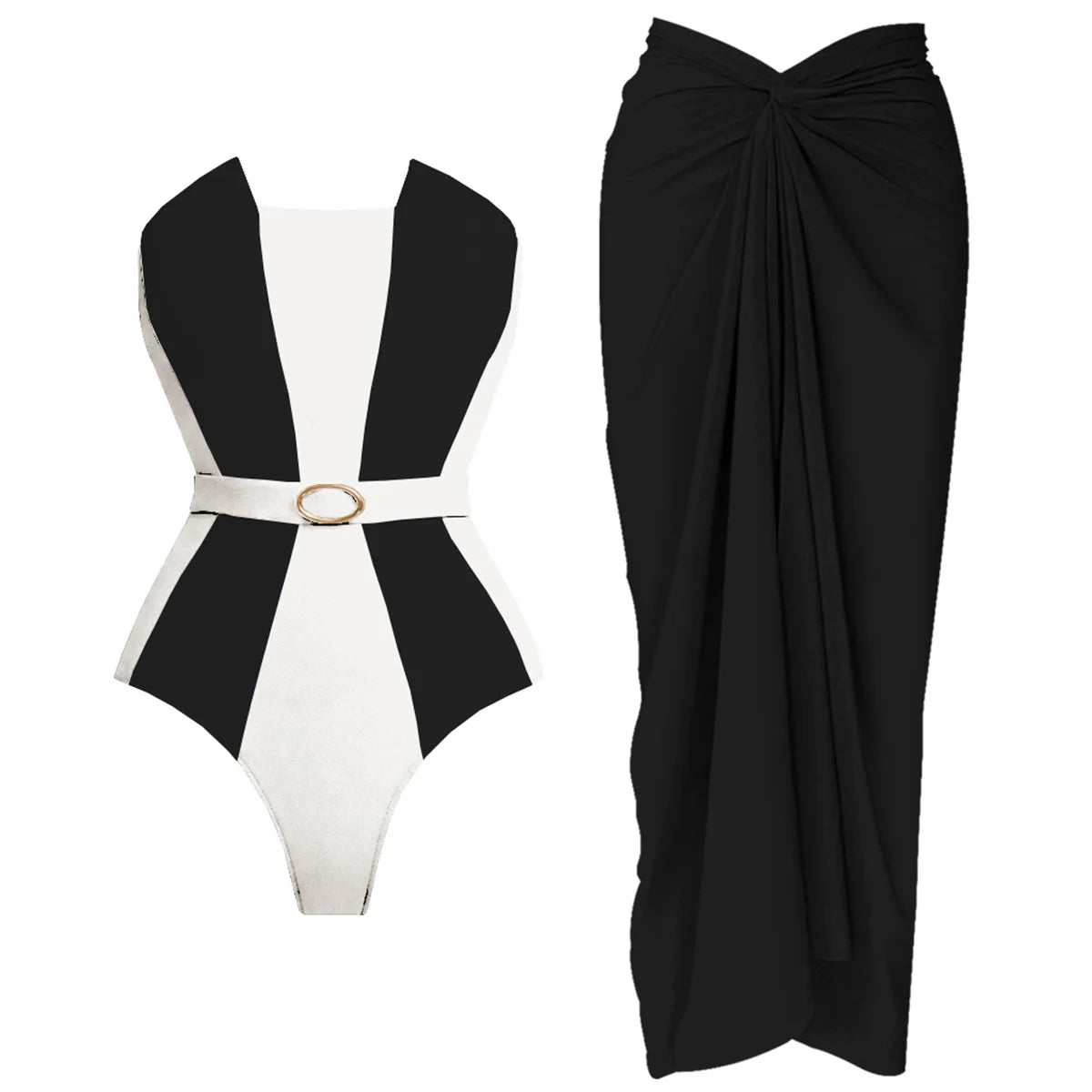 Striped Cutout One-Piece Swimsuit with Long Skirt