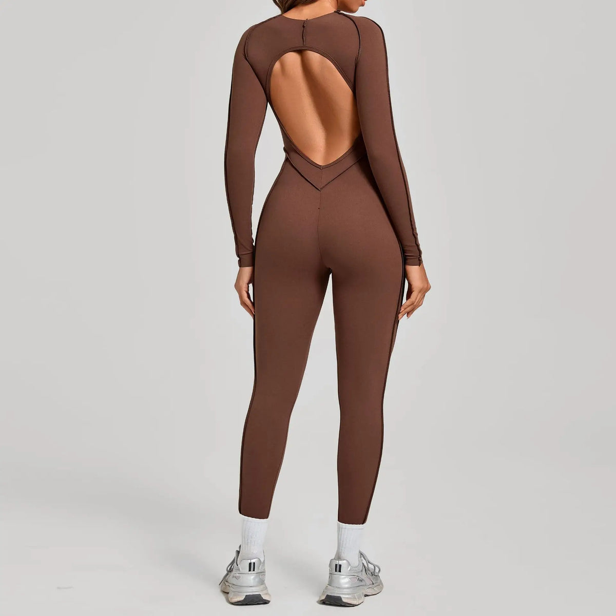 Women's Long Sleeve Nylon Blend Workout Jumpsuit with Back Cutout