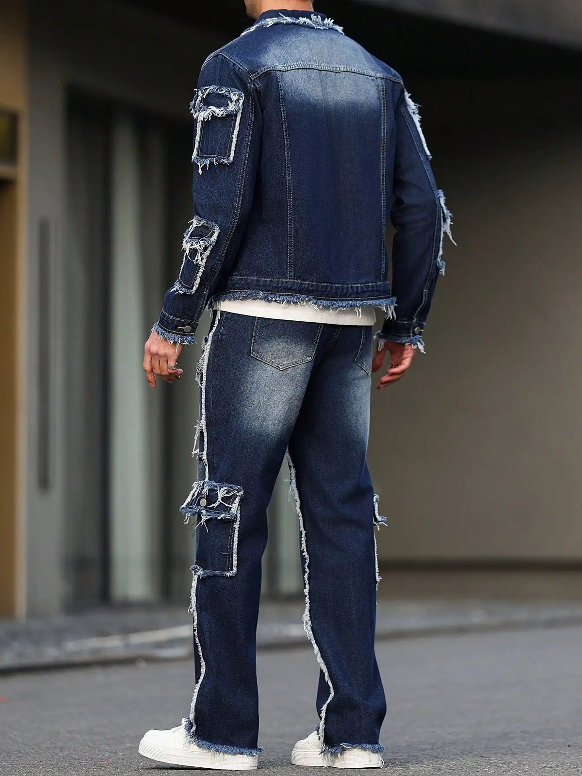 Men's Distressed Denim Jacket and Wide-Leg Pants Set