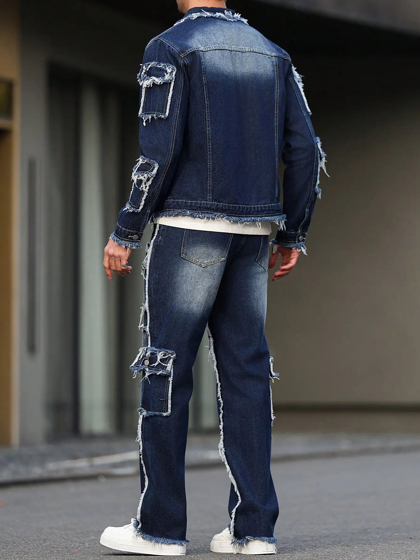 Men's Distressed Denim Jacket and Wide-Leg Pants Set