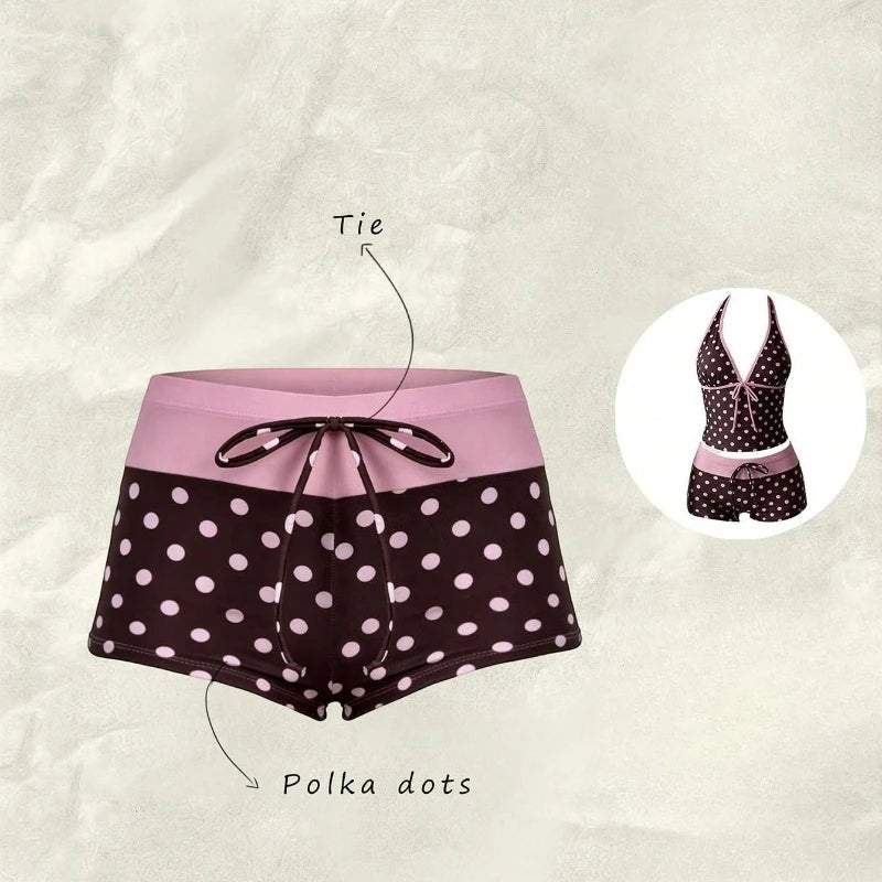 Polka Dot Halter Tankini with Swim Shorts