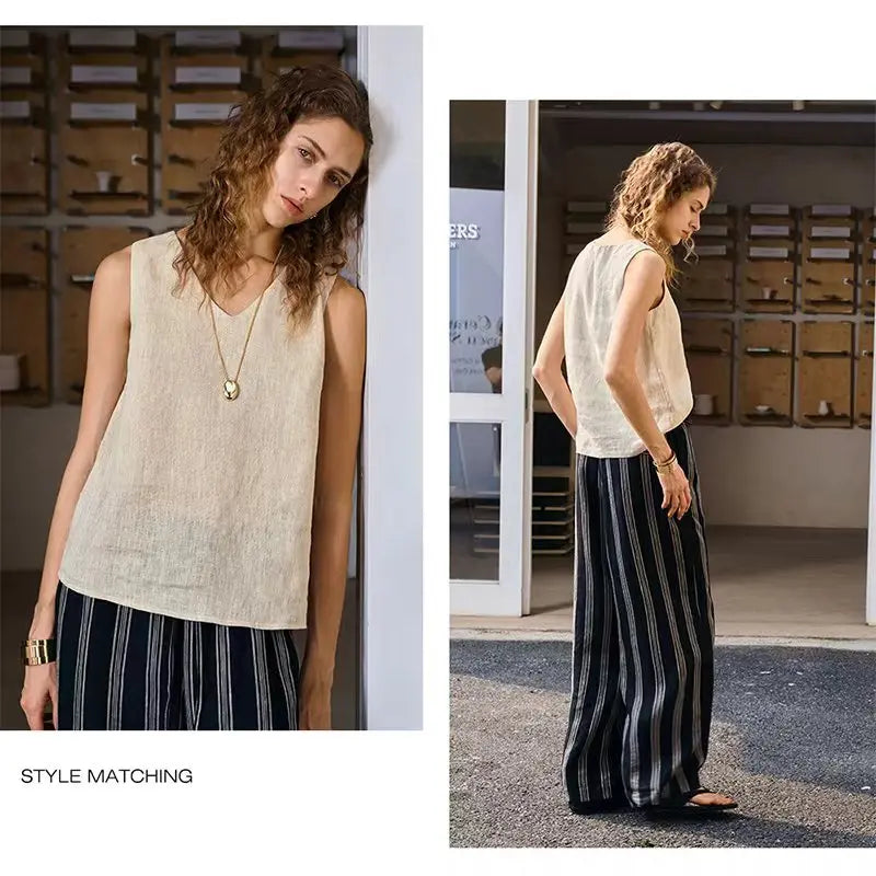 Women's Linen Sleeveless V-Neck Relaxed Tank Top for Casual Summer Everyday Outfits