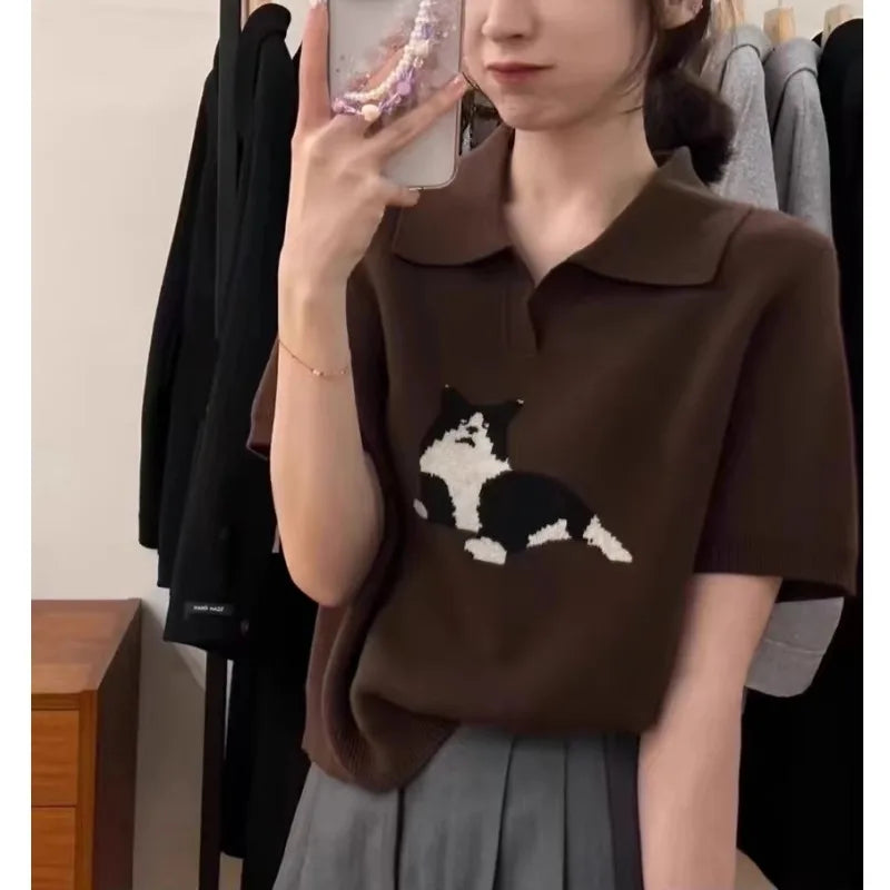 European vintage cat jacquard cashmere knitted short-sleeved women's lapel front-shoulder wool T-shirt, half-sleeved short top