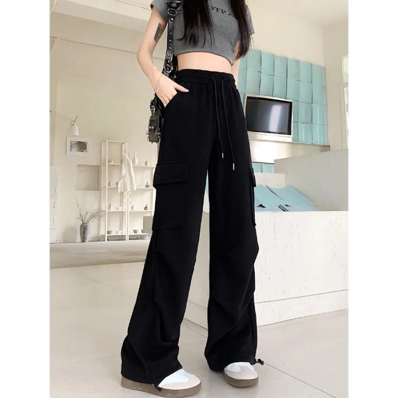 Women's Wide Leg Cargo Pants with Drawstring Waist and Flap Pockets