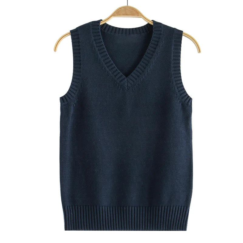 Women's Cotton-Polyester Sleeveless V-Neck Regular-Fit Knit Pullover Vest for Preppy Layered Outfits