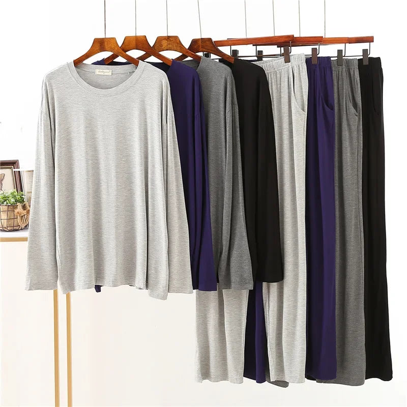 Men's Solid Crew Neck Long Sleeve Top and Pants Pajama Set