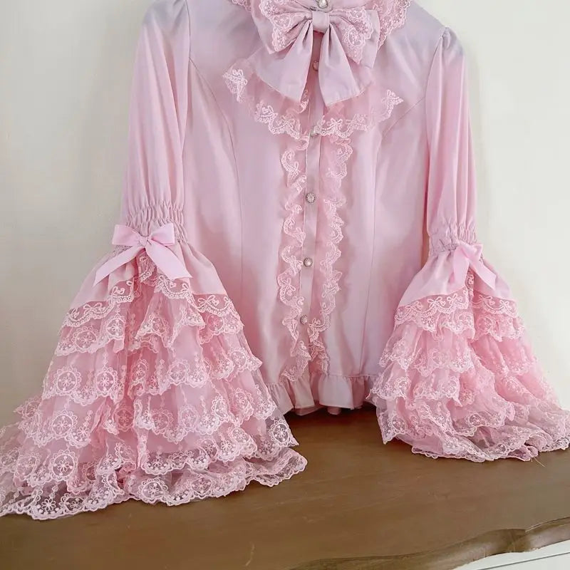 Women's Bow Neck Blouse with Layered Lace Sleeves