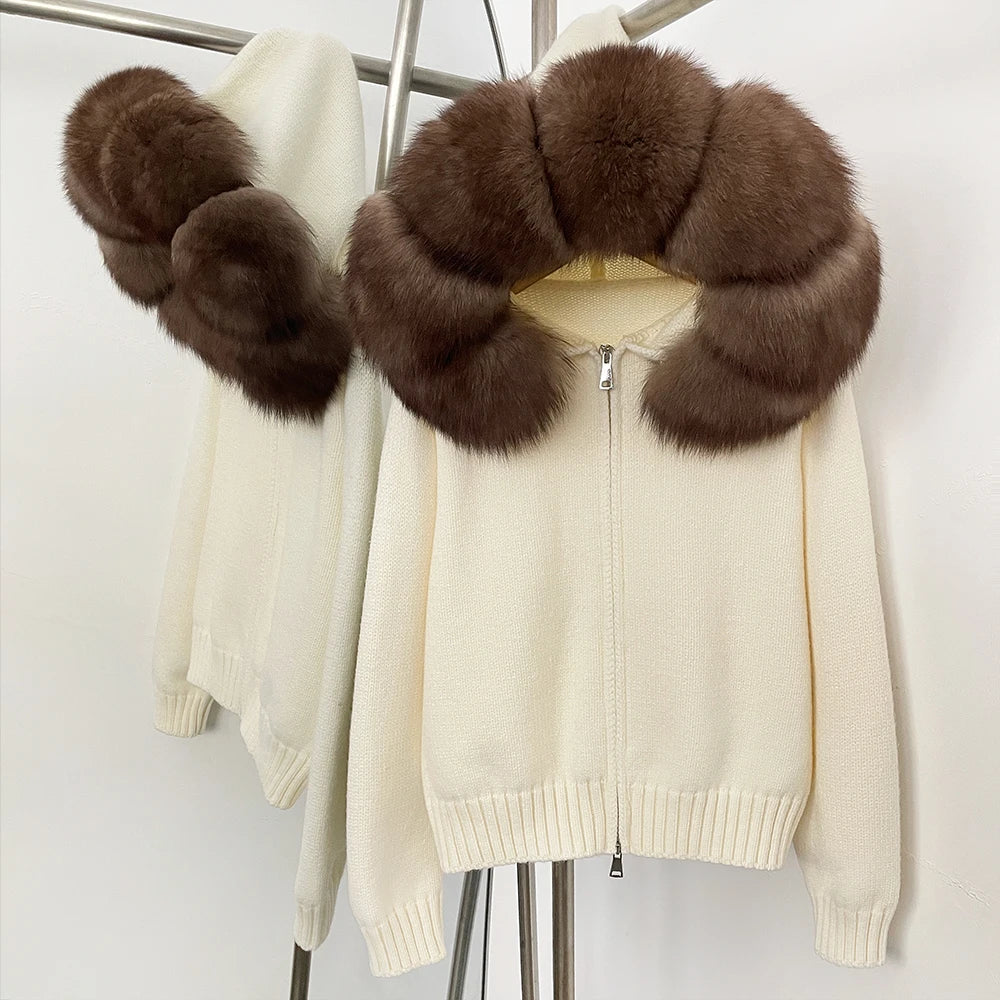 Women's Hooded Zip Front Fluffy Trim Jacket Casual Knit Layer