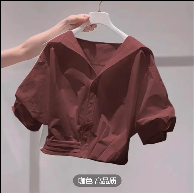Women's Cropped Round Neck Puff Sleeve Button Front Shirt