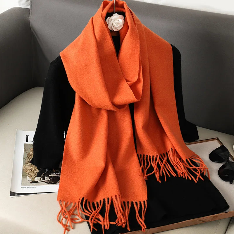 Solid Long Rectangular Scarf with Decorative Fringe Trim