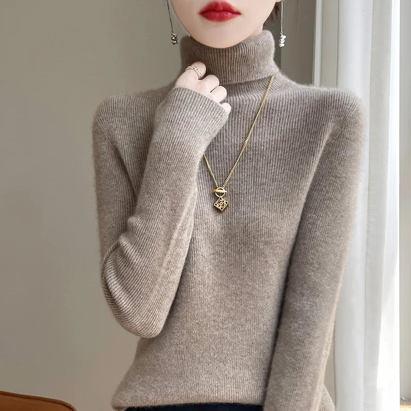 Women's Roll Neck Long Sleeve Sweater Casual Knit Layer