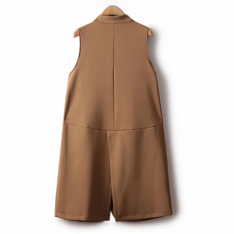 Sleeveless Vests For Women Retro Outerwear Spring Autumn Air Cotton Turn Down Collar Long Pocket Casual Jacket Woman