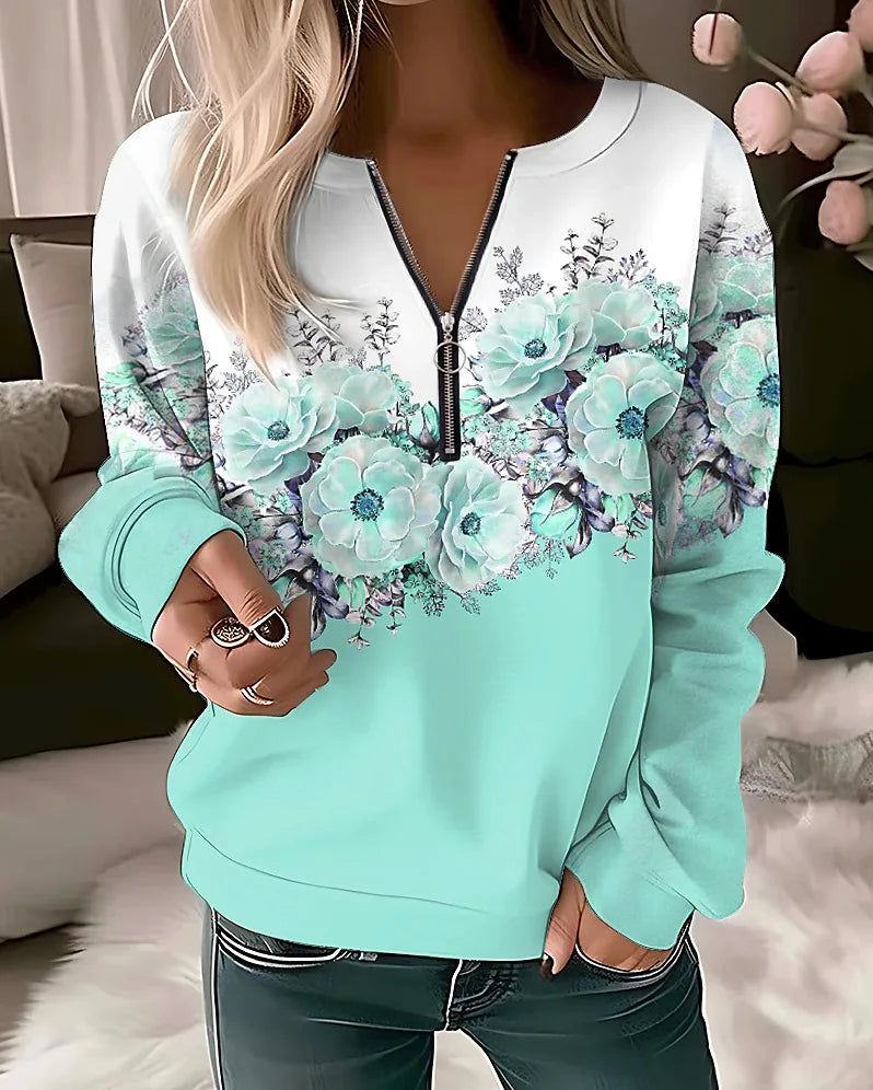 Floral Long Sleeve Full Zip Casual Hoodie for Layering