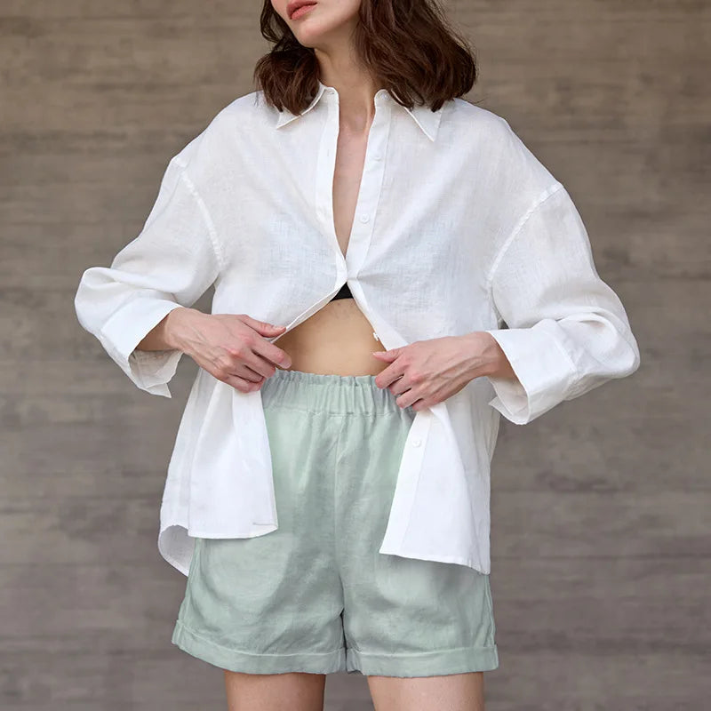 Women's Linen High-Waist Regular-Fit Shorts with Elastic Waist and Practical Side Pockets