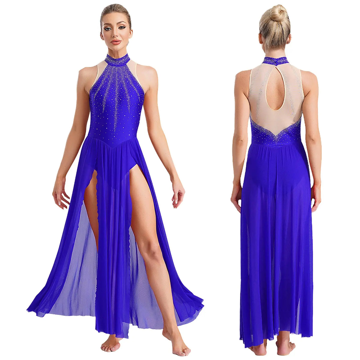 Women's Sleeveless Rhinestone Lyrical Dance Dress with Long Split Mesh Skirt