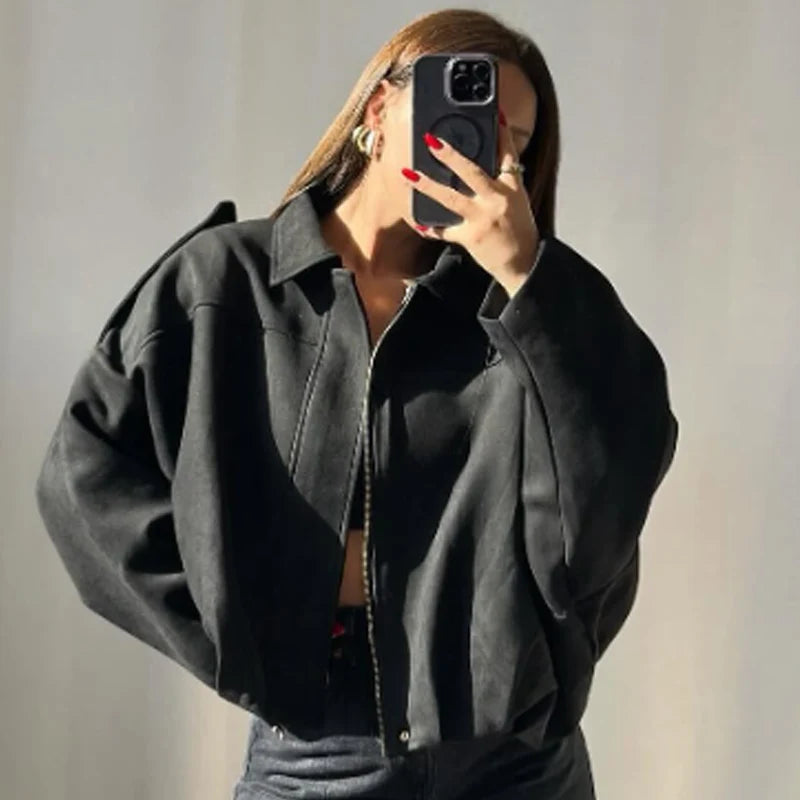 Collared Long Sleeve Loose Fit Casual Streetwear Bomber Jacket