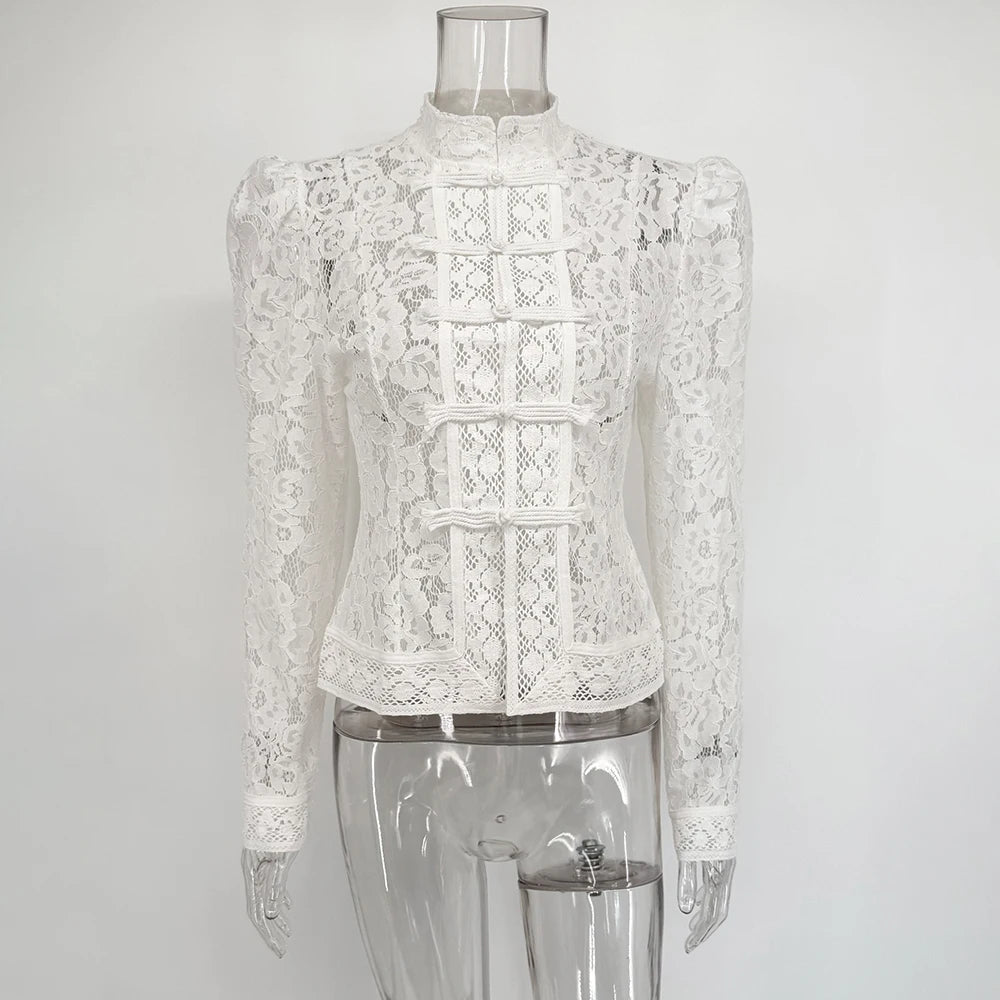 Women's Lace Stand Collar Long Sleeve Button Front Blouse
